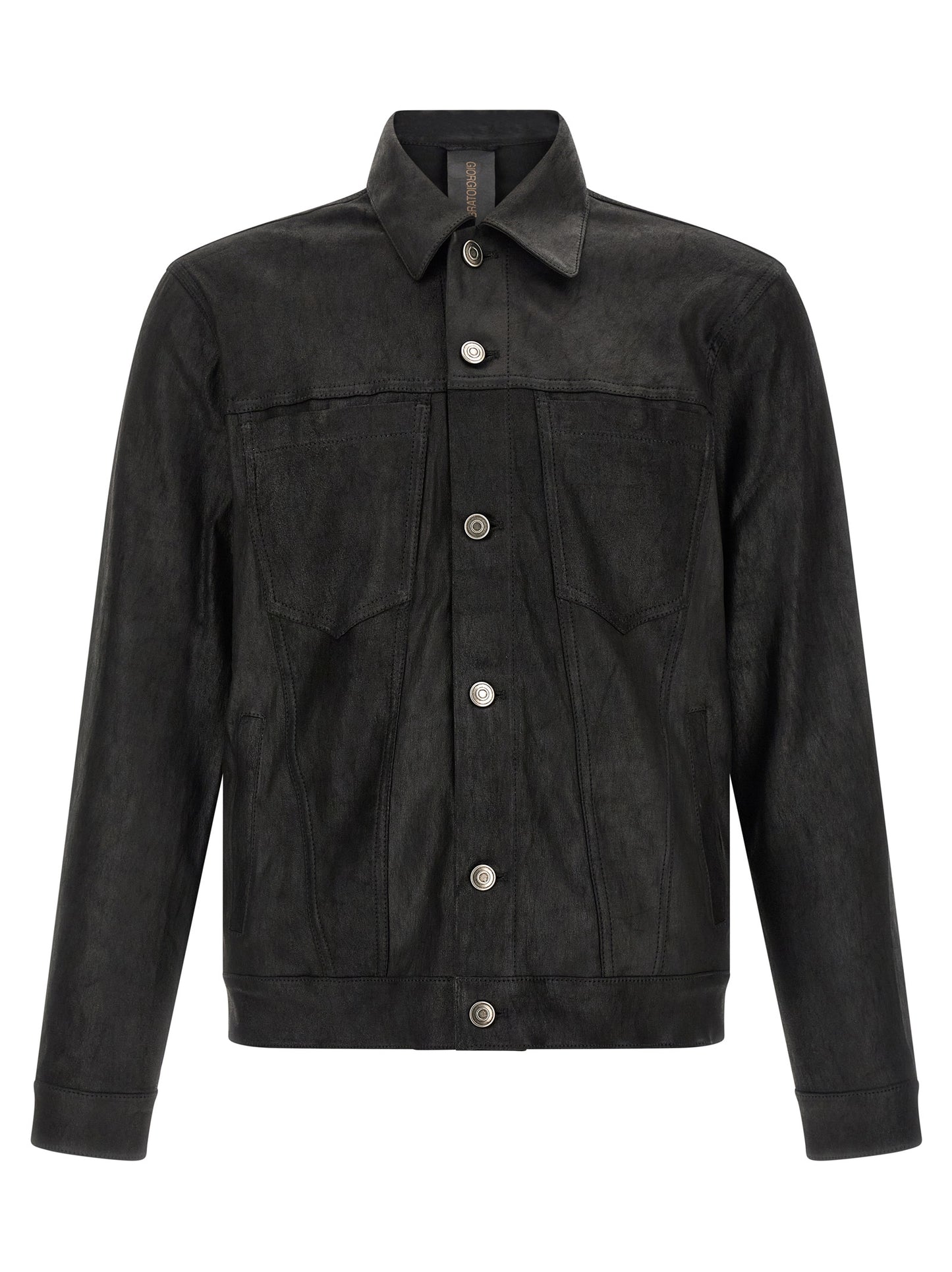 Jacket by GIORGIO BRATO for men in denim & lamb leather black presents a impeccable silhouette, showcasing distinct pockets and a impeccable shirt-collar neckline for a sophisticated finish.
