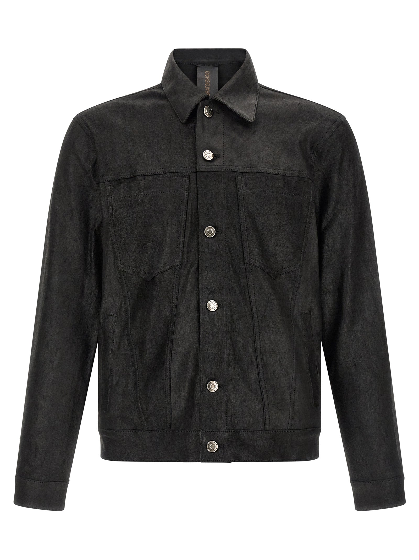 Jacket by GIORGIO BRATO for men in denim & lamb leather black presents a impeccable silhouette, showcasing distinct pockets and a impeccable shirt-collar neckline for a sophisticated finish.