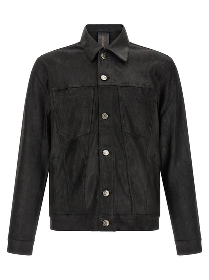 Jacket by GIORGIO BRATO for men in denim & lamb leather black presents a impeccable silhouette, showcasing distinct pockets and a impeccable shirt-collar neckline for a sophisticated finish.
