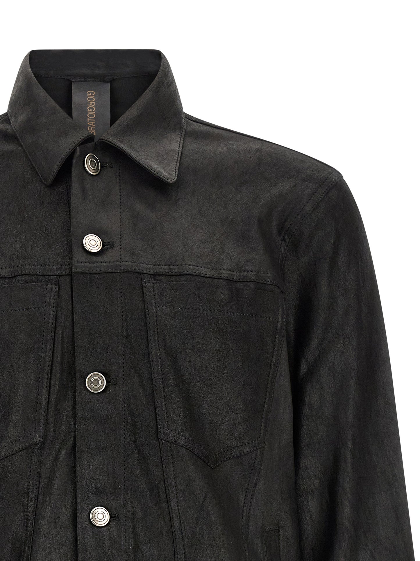 Jacket by GIORGIO BRATO for men in denim & lamb leather black presents a authentic silhouette, artfully detailed with a authentic shirt-collar neckline and functional pockets for a premium authentic finish.