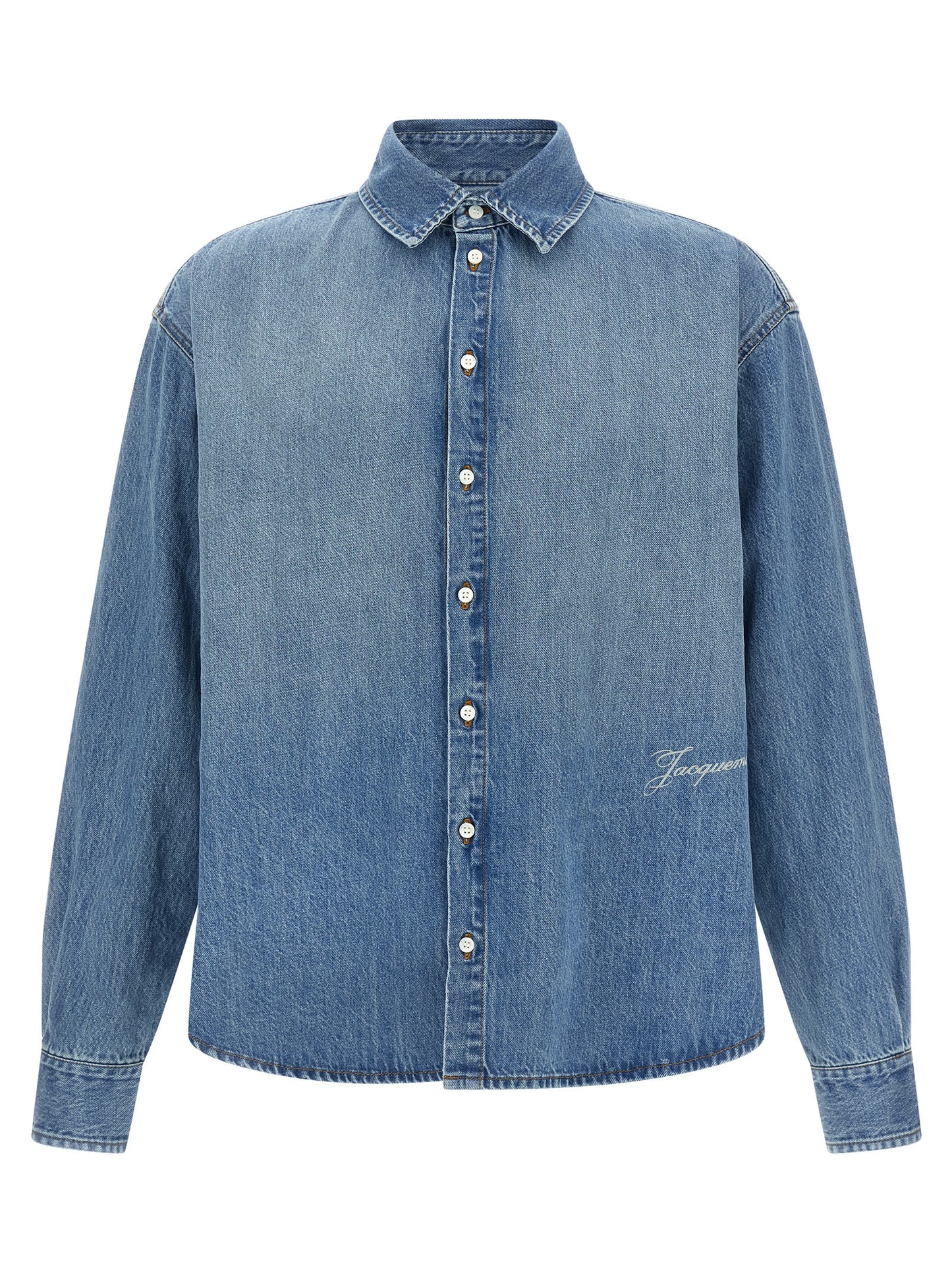 Shirt by Jacquemus for men in denim cotton blue showcases a sharp silhouette, elegantly detailed with a sharp and sharp long-sleeve.