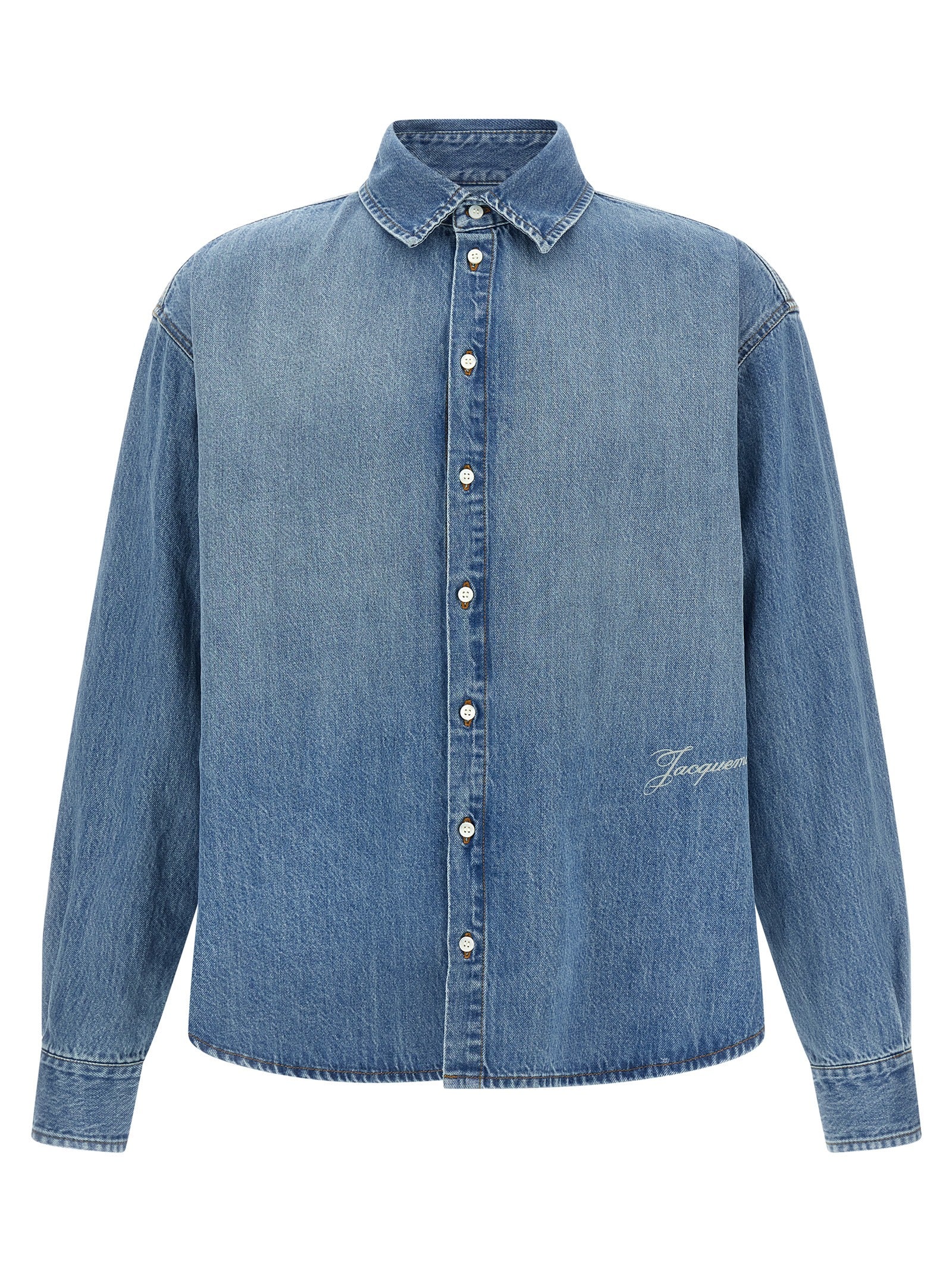 Shirt by Jacquemus for men in denim cotton blue showcases a sharp silhouette, elegantly detailed with a sharp and sharp long-sleeve.