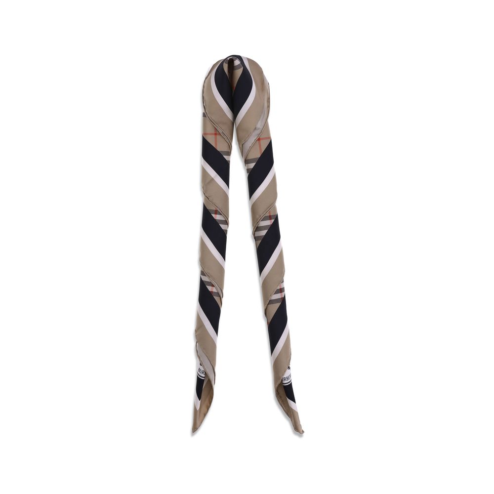 Scarf by Burberry for women in silk beige, patterned, print & striped features a timeless silhouette, artfully capturing the essence of the timeless Silk Square Scarf design for a sophisticated look.