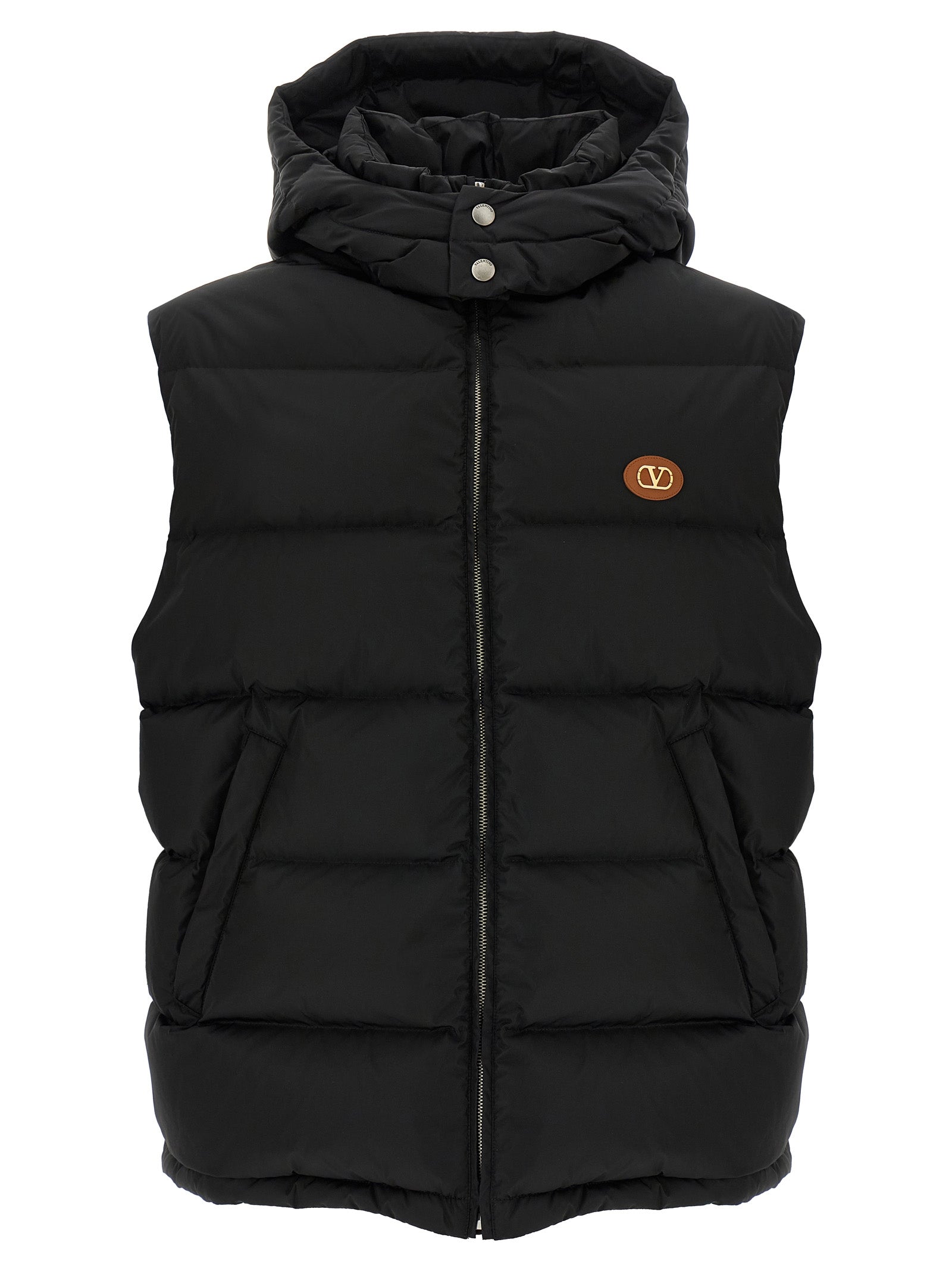 Hooded Vest by Valentino Garavani for men in polyamide black & signature showcases a dynamic silhouette, perfectly balancing hooded & insulated with a dynamic hooded high-neck neckline for a sophisticated, high-fashion look.