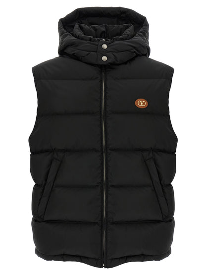 Hooded Vest by Valentino Garavani for men in polyamide black & signature showcases a dynamic silhouette, perfectly balancing hooded & insulated with a dynamic hooded high-neck neckline for a sophisticated, high-fashion look.