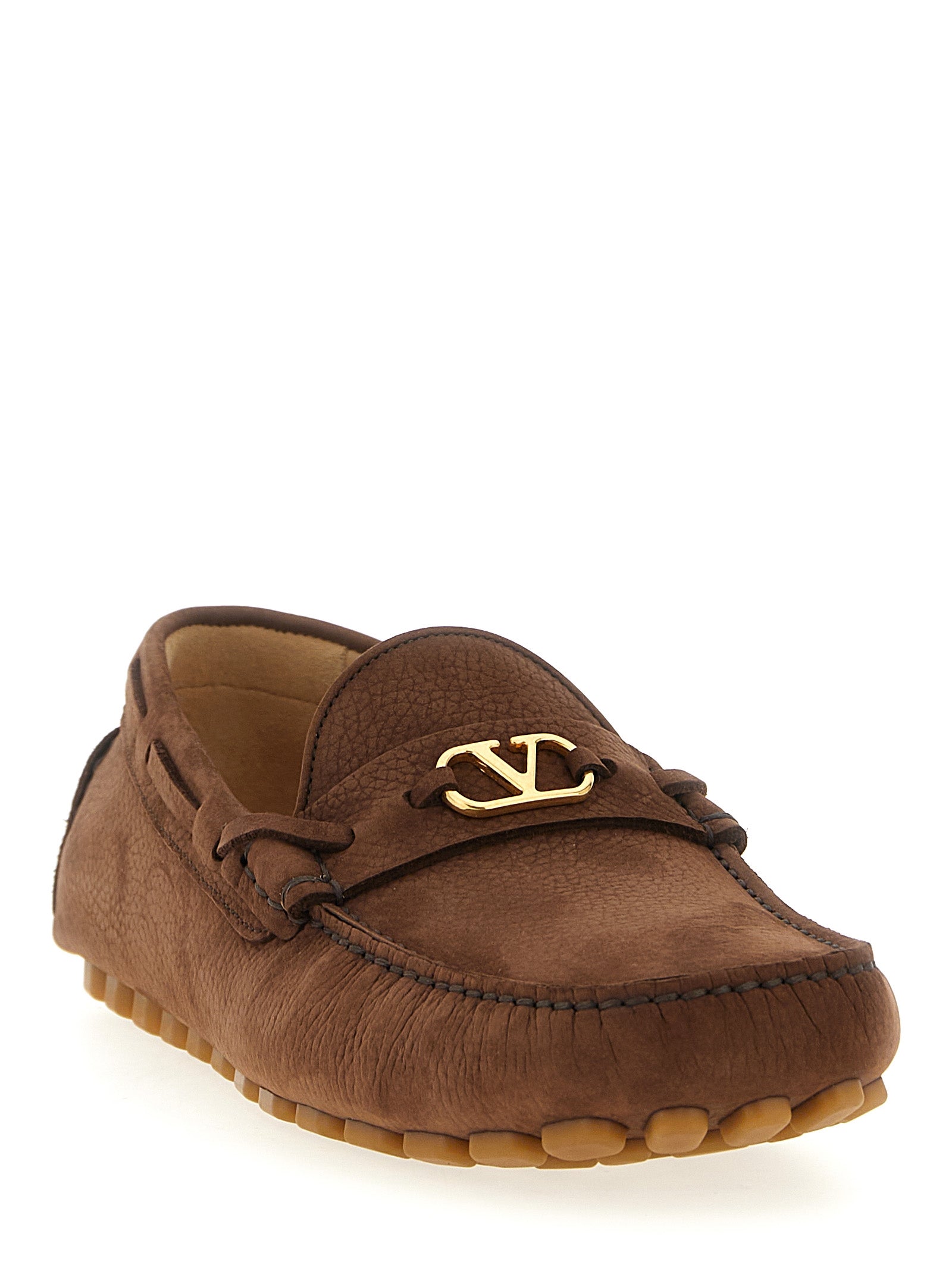 Loafer Slip-On Shoes by Valentino Garavani for men in bos taurus suede calfskin leather brown & signature features an effortless chic silhouette, showcasing the V Logo Men's Bos Taurus Suede Calfskin Leather Loafer Slip-On Shoes design with an effortless chic and a for a effortless chic look.