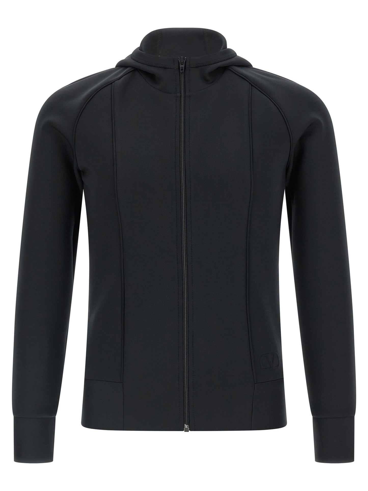 Sweatshirt Hoodie by Valentino Garavani for men in stretch polyester black & signature features an luminous silhouette, showcasing a sophisticated hooded high-neck neckline and for a truly luminous look.