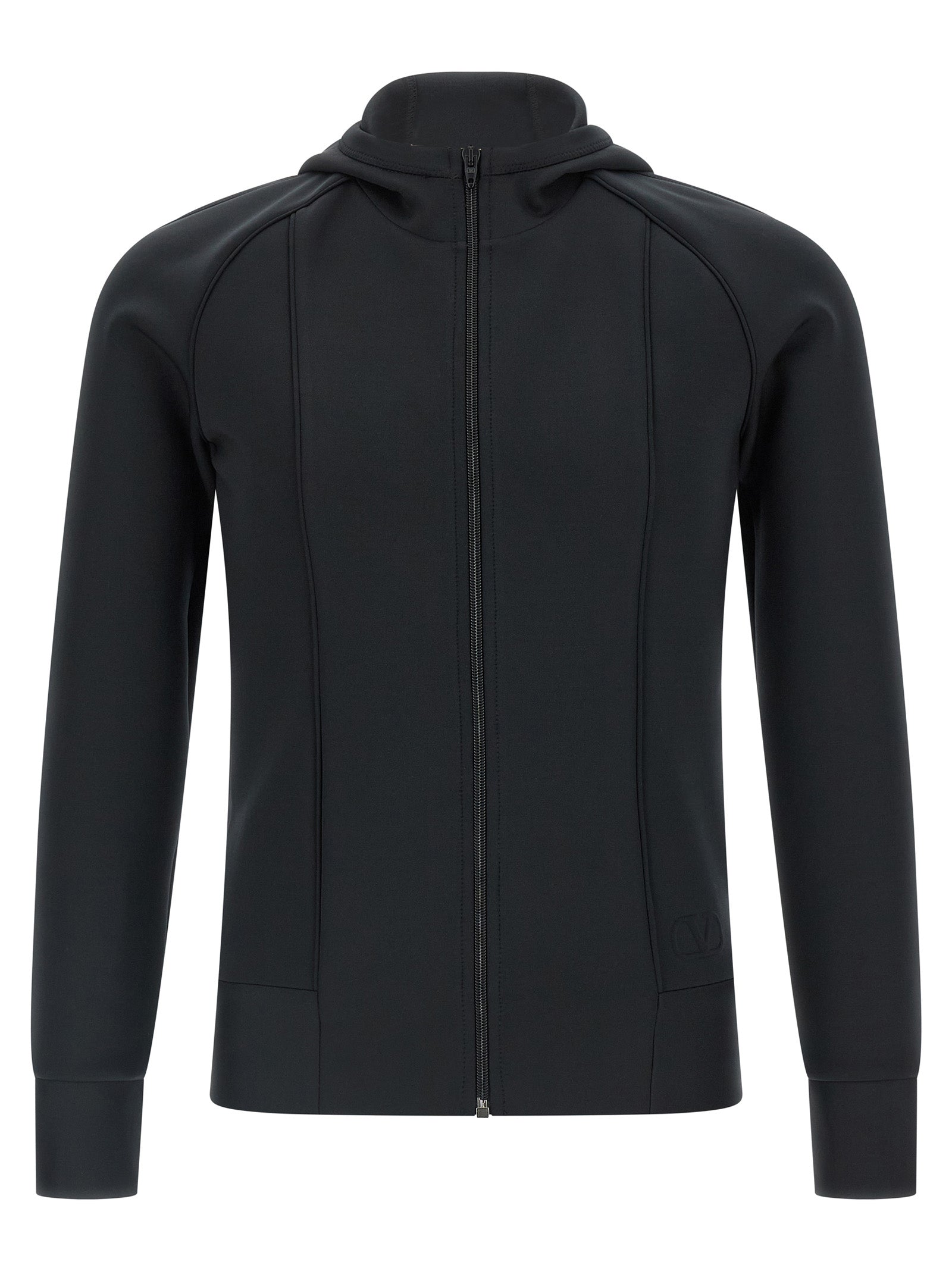 Sweatshirt Hoodie by Valentino Garavani for men in stretch polyester black & signature features an luminous silhouette, showcasing a sophisticated hooded high-neck neckline and for a truly luminous look.