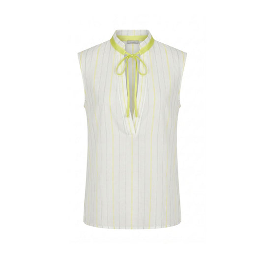 Shirt by Malo for women in cotton & silk white, patterned & striped features an polished silhouette, showcasing a sophisticated mandarin v-neck neckline and sleeveless detail for a truly polished finish.