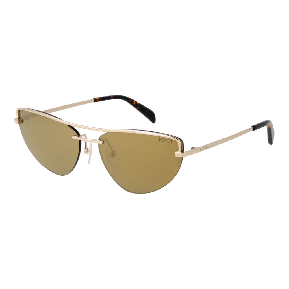 Sunglasses by Emilio Pucci for women in metal gold features an ethereal half-rim cat-eye frame design with gold coloured frame frames and mirrored category-3-dark-tint lens for a ethereal finish.