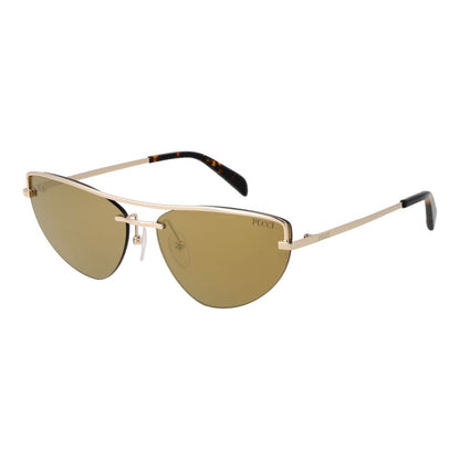 Sunglasses by Emilio Pucci for women in metal gold features an ethereal half-rim cat-eye frame design with gold coloured frame frames and mirrored category-3-dark-tint lens for a ethereal finish.