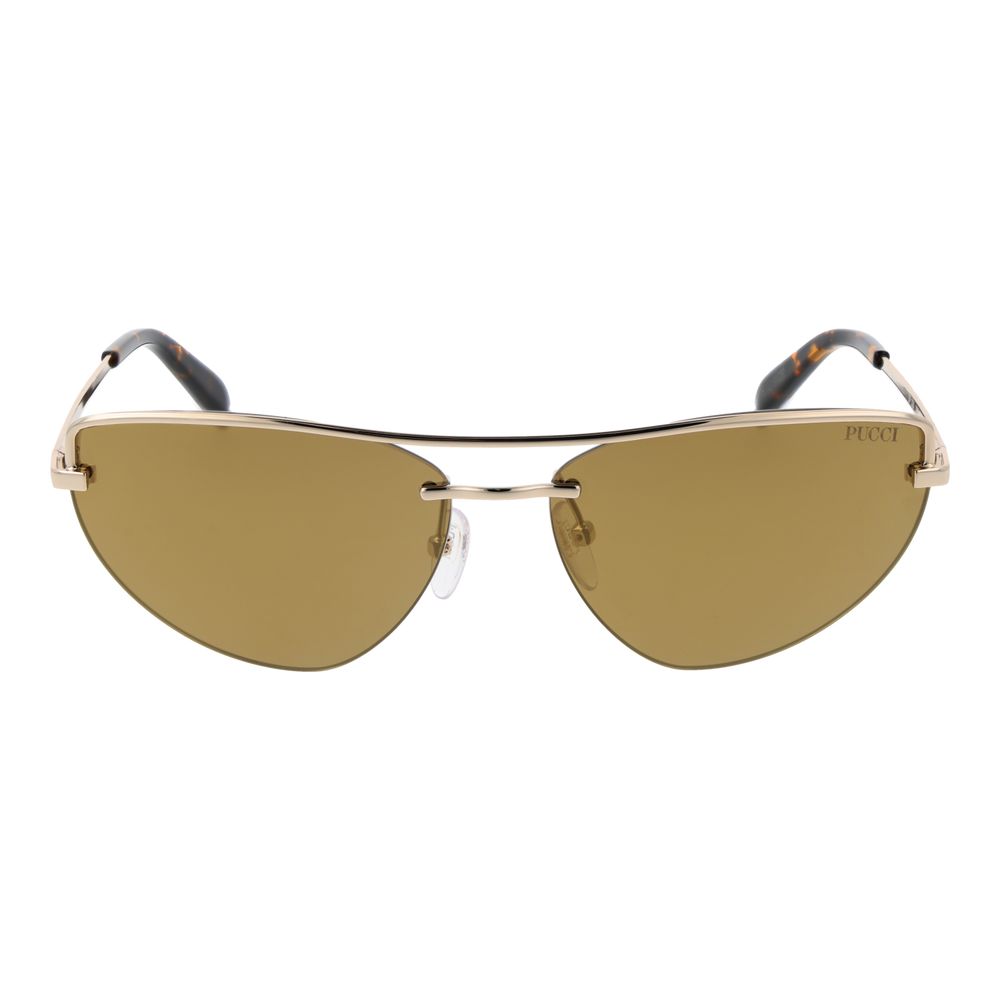 This Sunglasses by Emilio Pucci for women in metal gold presents a sumptuous silhouette, showcasing a sumptuous half-rim cat-eye frame design in gold coloured frame and high-performance mirrored category-3-dark-tint lens.