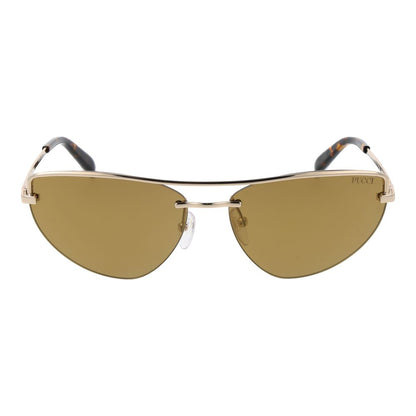 This Sunglasses by Emilio Pucci for women in metal gold presents a sumptuous silhouette, showcasing a sumptuous half-rim cat-eye frame design in gold coloured frame and high-performance mirrored category-3-dark-tint lens.