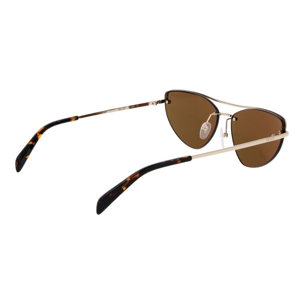 Sunglasses by Emilio Pucci for women in metal gold features an lustrous half-rim cat-eye frame design with gold coloured frame detailing and mirrored category-3-dark-tint lens for a lustrous aesthetic.