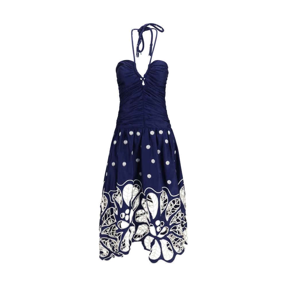 Dress by FARM RIO for women in organic cotton blue, pearl & floral presents a sinuous silhouette, showcasing a sophisticated and sleeveless detailed with a sinuous midi for a refined finish.