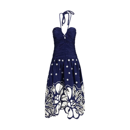 Dress by FARM RIO for women in organic cotton blue, pearl & floral presents a sinuous silhouette, showcasing a sophisticated and sleeveless detailed with a sinuous midi for a refined finish.