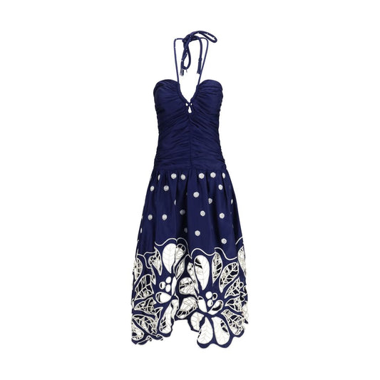 Dress by FARM RIO for women in organic cotton blue, pearl & floral presents a sinuous silhouette, showcasing a sophisticated and sleeveless detailed with a sinuous midi for a refined finish.
