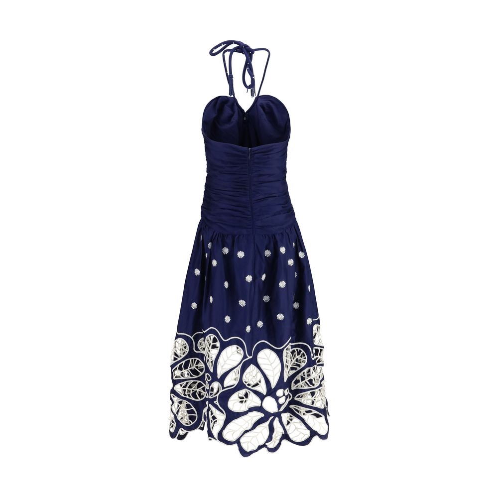 Dress by FARM RIO for women in organic cotton blue, pearl & floral features an eye catching silhouette with a sophisticated , elegant , and a refined midi for a eye catching aesthetic.