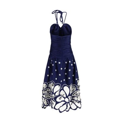 Dress by FARM RIO for women in organic cotton blue, pearl & floral features an eye catching silhouette with a sophisticated , elegant , and a refined midi for a eye catching aesthetic.