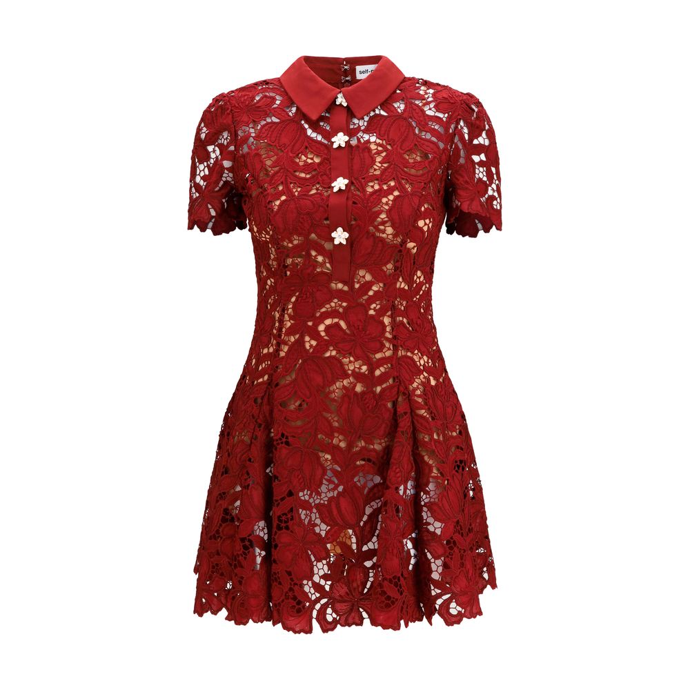 Dress by Self-Portrait for women in polyester bordeaux, patterned & floral features an sultry silhouette defined by a and short-sleeve, falling to an sultry short mini for a sultry look.
