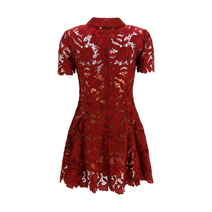 Dress by Self-Portrait for women in polyester bordeaux, patterned & floral features a dramatic silhouette, showcasing an elegant and that flows into a dramatic short mini.