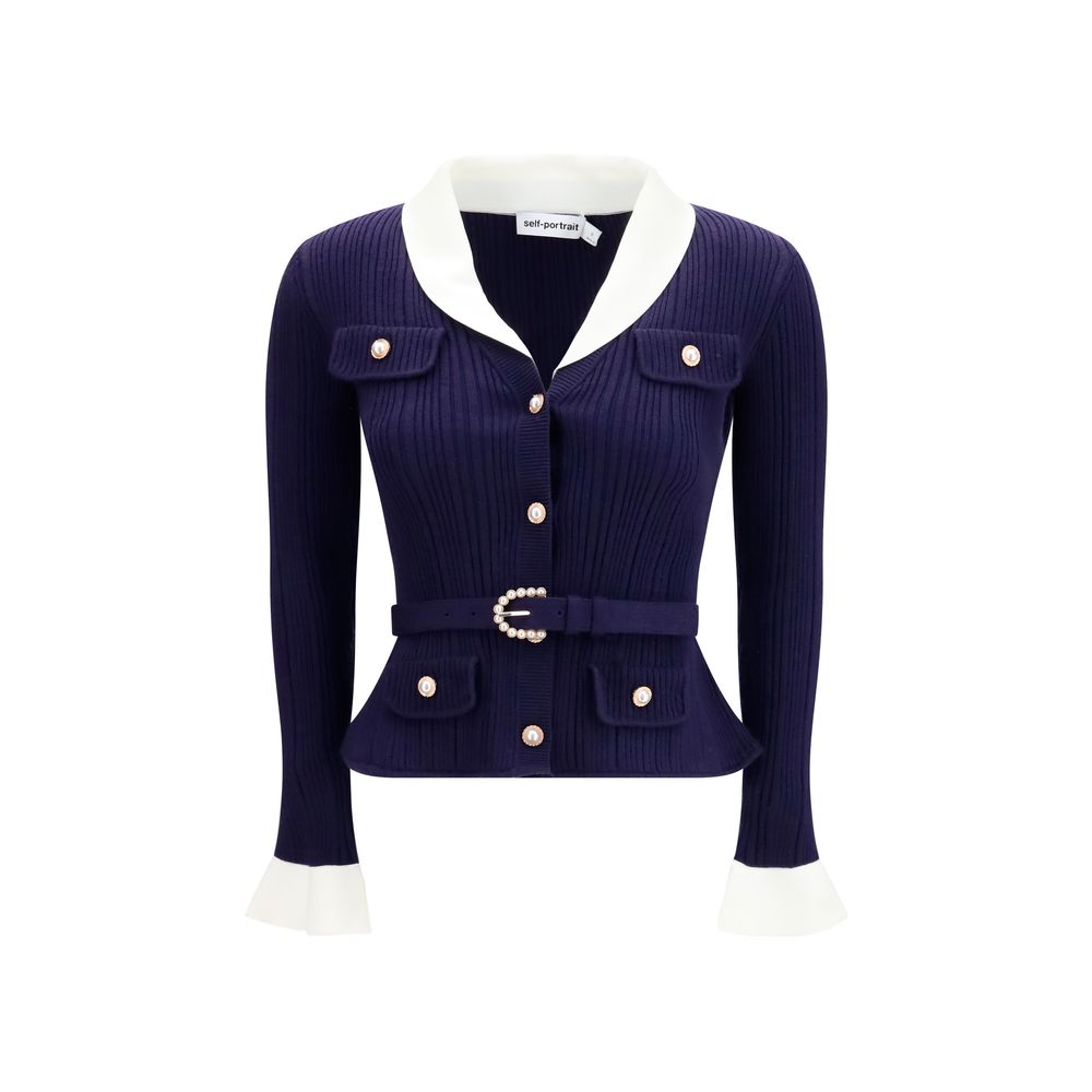 Cardigan by Self-Portrait for women in polyamide polyester capra leather & wool blue showcases a captivating silhouette, artfully detailed with a captivating and for a truly sophisticated captivating look.