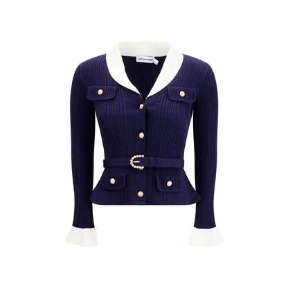 Cardigan by Self-Portrait for women in polyamide polyester capra leather & wool blue showcases a captivating silhouette, artfully detailed with a captivating and for a truly sophisticated captivating look.