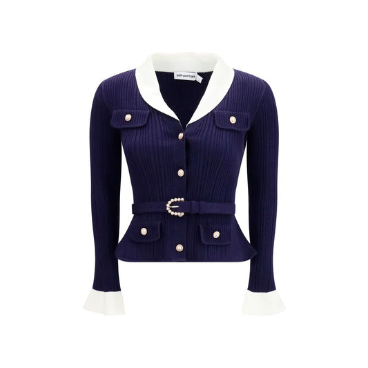 Cardigan by Self-Portrait for women in polyamide polyester capra leather & wool blue showcases a captivating silhouette, artfully detailed with a captivating and for a truly sophisticated captivating look.