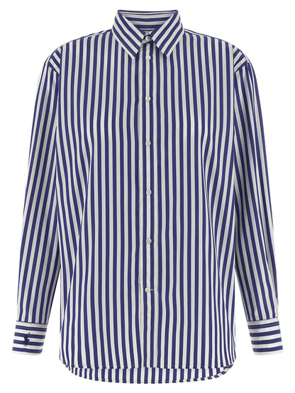 Blouse by Polo Ralph Lauren for women in cotton blue & striped showcases a sharp silhouette, elegantly detailed with a sharp and sharp long-sleeve.