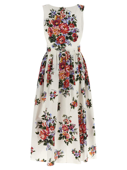 Dress by Dolce & Gabbana for women in cotton white & print presents a sinuous silhouette, showcasing a sophisticated boat neckline and detailed with a sinuous midi for a refined finish.