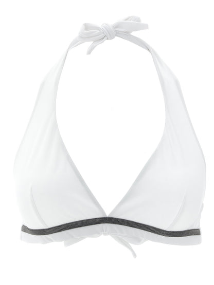 Swimwear Top by Brunello Cucinelli for women in stretch polyamide white showcases a contemporary silhouette, artfully capturing the essence of the contemporary Monile Women's Stretch Polyamide Swimwear Top design for a sophisticated look.