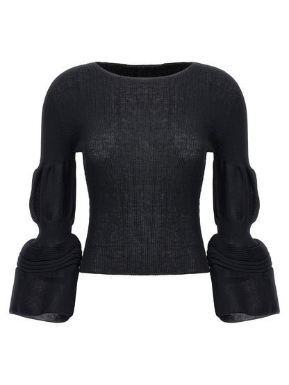 Sweatshirt by Issey Miyake for women in ramie & polyester black features an provocated silhouette, detailed with a provocated and a refined for a sophisticated aesthetic.