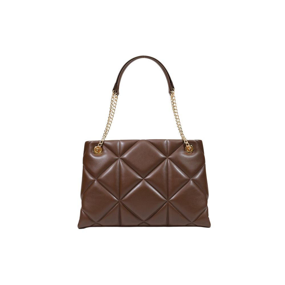 This Large Quilted Handbag by Love Moschino for women in polyethylene & polyurethane and brown, gold, patterned & signature presents a sculptural silhouette featuring a secure , ample , and versatile handle for a sculptural finish.