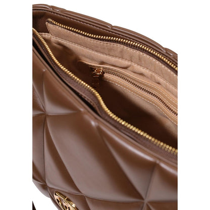 Large Quilted Handbag by Love Moschino for women in polyethylene & polyurethane brown, gold, patterned & signature features a ornamental silhouette, showcasing a secure , ample , and ornamental handle for a sophisticated look.
