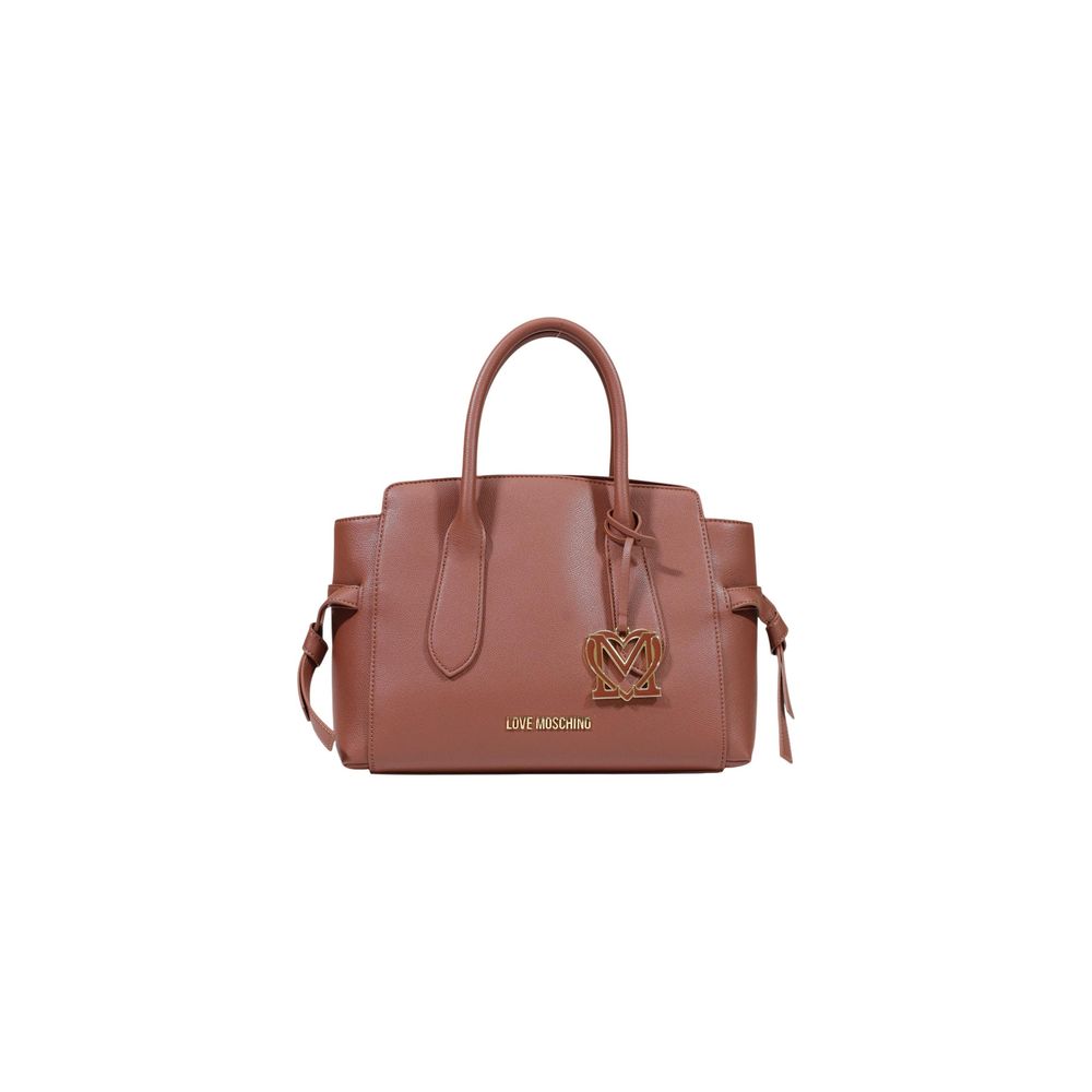 Large Handbag by Love Moschino for women in polyethylene & polyurethane brown, gold & monogram features a signature silhouette, showcasing a secure buckle and signature with versatile handle for a sophisticated look.