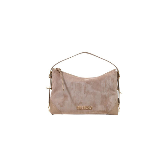Large Handbag by Love Moschino for women in polyester leather beige & gold features an refined silhouette, showcasing a secure zipper, ample , and versatile adjustable-strap & handle for a sophisticated refined aesthetic.