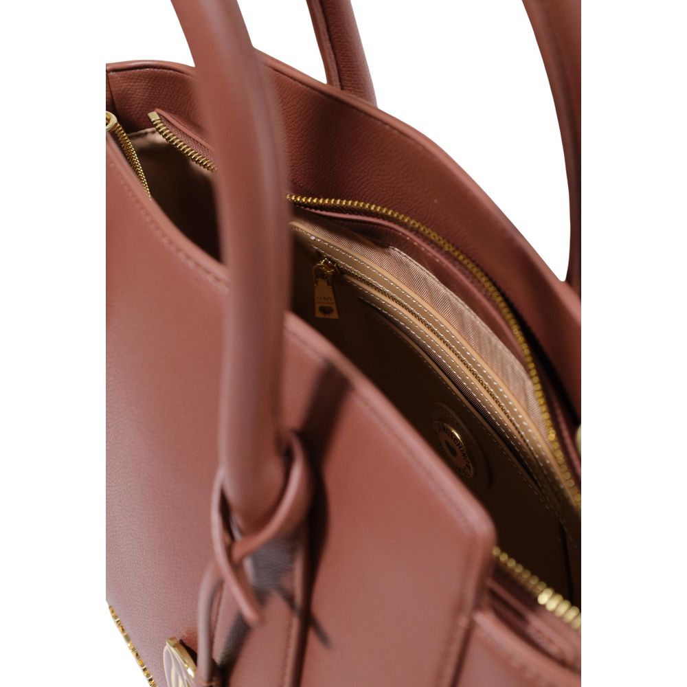 Large Handbag by Love Moschino for women in polyethylene & polyurethane brown, gold & monogram features a ornamental silhouette, showcasing a secure buckle, ample , and ornamental handle for a sophisticated look.