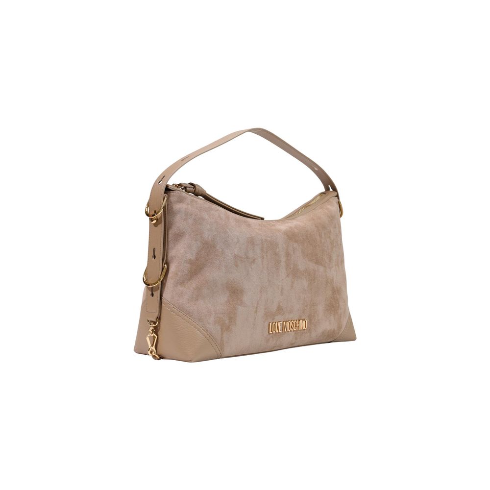 Large Handbag by Love Moschino for women in polyester leather beige & gold features a signature silhouette, showcasing a secure zipper and signature with versatile adjustable-strap & handle for a sophisticated look.
