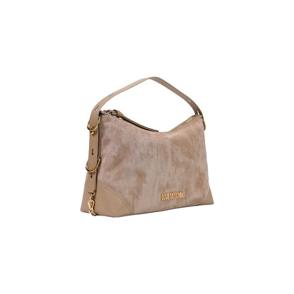 Large Handbag by Love Moschino for women in polyester leather beige & gold features a signature silhouette, showcasing a secure zipper and signature with versatile adjustable-strap & handle for a sophisticated look.