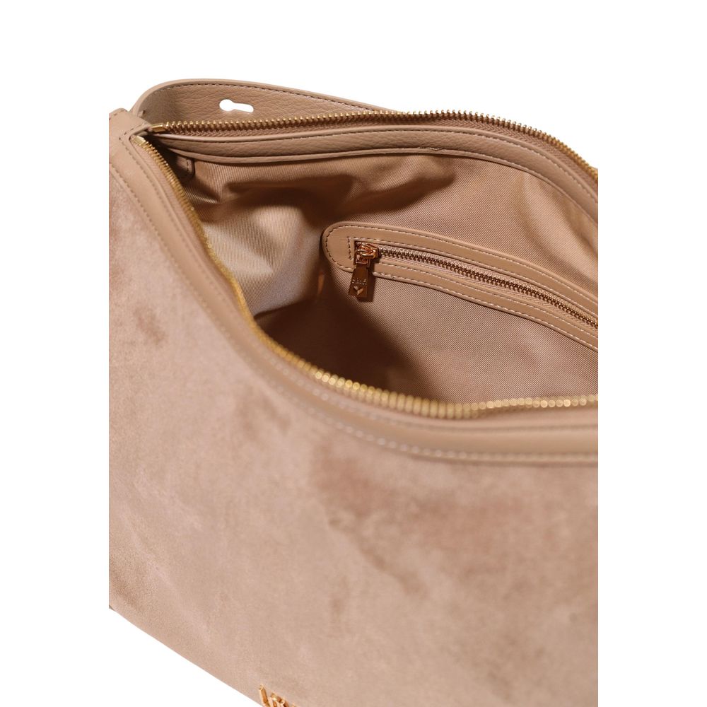 This Large Handbag by Love Moschino for women in polyester leather and beige & gold presents a sculptural silhouette featuring a secure zipper, ample , and versatile adjustable-strap & handle for a sculptural finish.