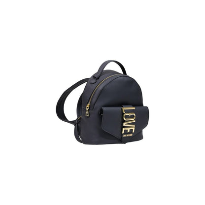 Compact Backpack by Love Moschino for women in polyethylene & polyurethane black & gold features a refined silhouette, showcasing the Polyethylene & Polyurethane Compact Backpack design with a secure zipper, ample external-pockets, and versatile backpack-strap & adjustable-strap.