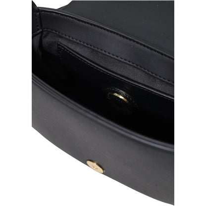 Medium Crossbody Flap Handbag by Love Moschino for women in polyethylene & polyurethane black & gold features an refined silhouette, showcasing a secure flap, ample , and versatile crossbody-strap & adjustable-strap for a sophisticated refined aesthetic.