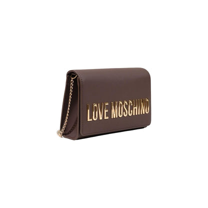 Crossbody Evening Flap Handbag by Love Moschino for women in polyethylene & polyurethane brown & gold features a ornamental silhouette, showcasing a secure flap, ample , and ornamental crossbody-strap for a sophisticated look.