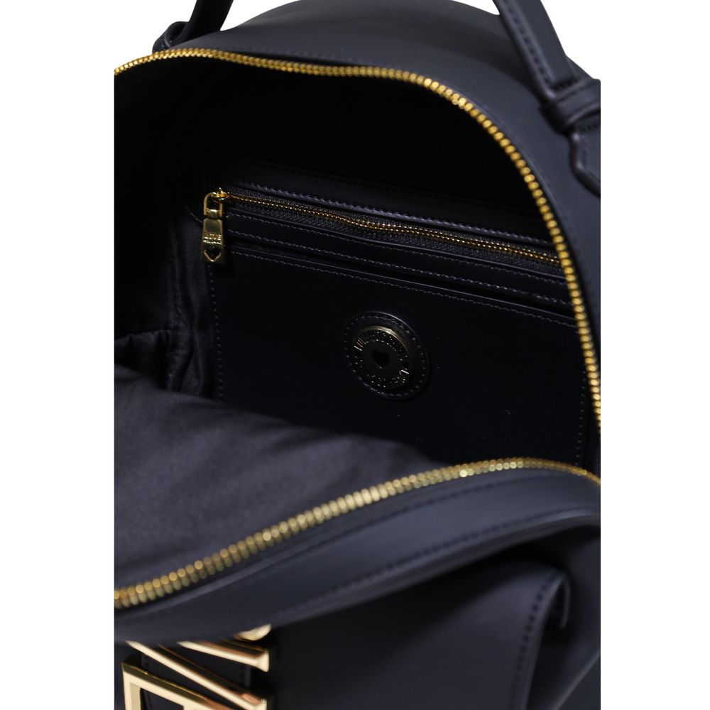 Compact Backpack by Love Moschino for women in polyethylene & polyurethane black & gold features a refined silhouette, showcasing the Polyethylene & Polyurethane Compact Backpack design with a secure zipper, ample external-pockets, and versatile backpack-strap & adjustable-strap.