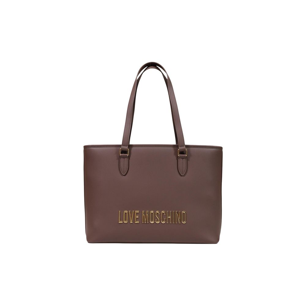 Large Shopper Handbag by Love Moschino for women in polyethylene & polyurethane brown & gold features a signature silhouette, showcasing a secure buckle and signature with versatile adjustable-strap & handle for a sophisticated look.