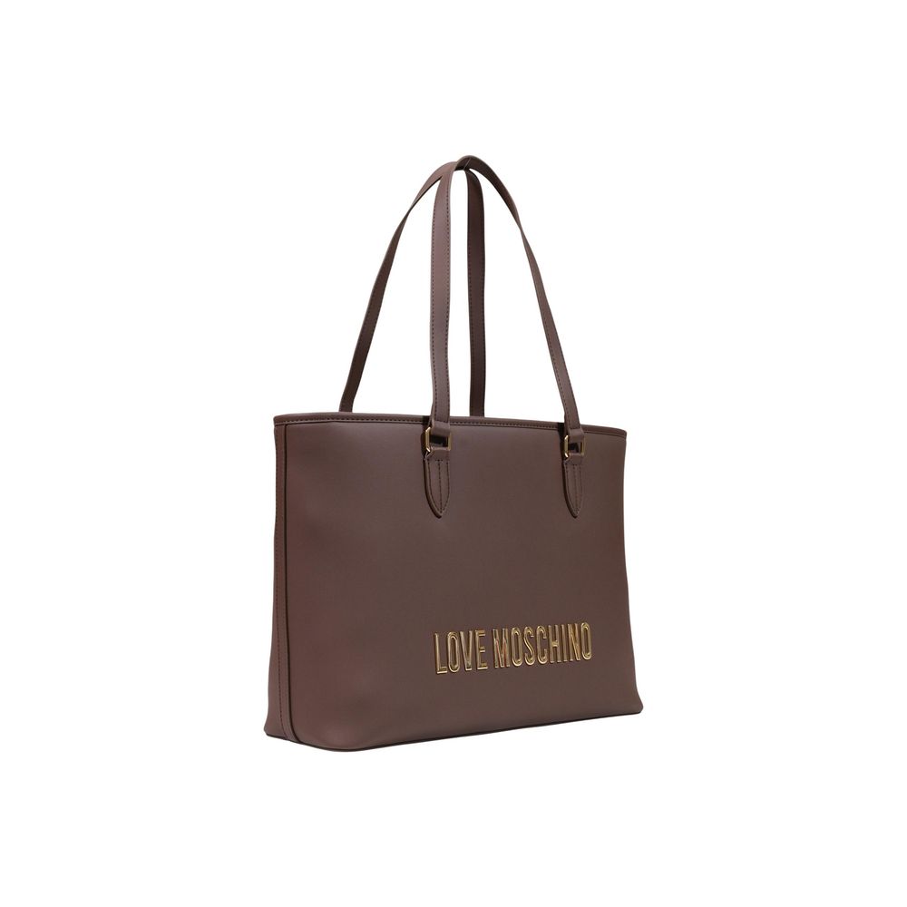 This Large Shopper Handbag by Love Moschino for women in polyethylene & polyurethane and brown & gold presents a sculptural silhouette featuring a secure buckle, ample , and versatile adjustable-strap & handle for a sculptural finish.