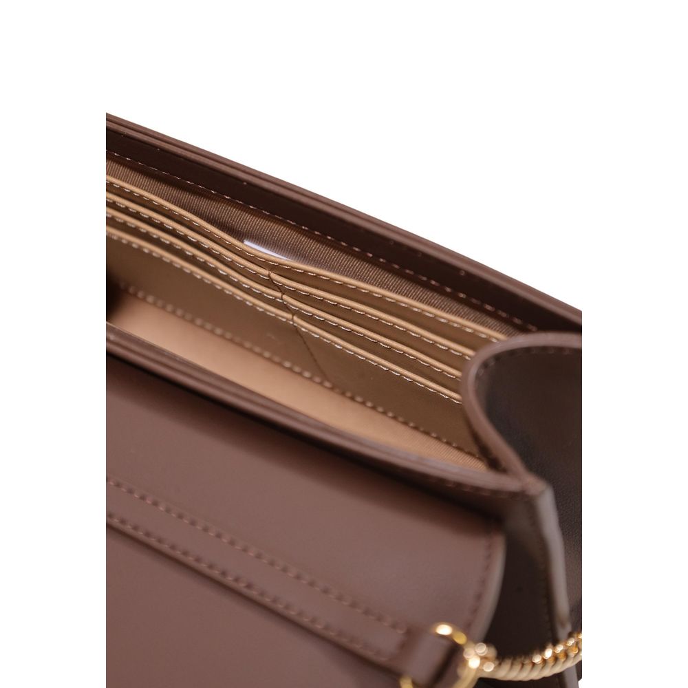 Crossbody Evening Flap Handbag by Love Moschino for women in polyethylene & polyurethane brown & gold features an refined silhouette, showcasing a secure flap, ample , and versatile crossbody-strap for a sophisticated refined aesthetic.