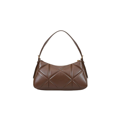 Small Quilted Handbag by Love Moschino for women in polyethylene & polyurethane brown & gold features a ornamental silhouette, showcasing a secure zipper, ample , and ornamental adjustable-strap & handle for a sophisticated look.