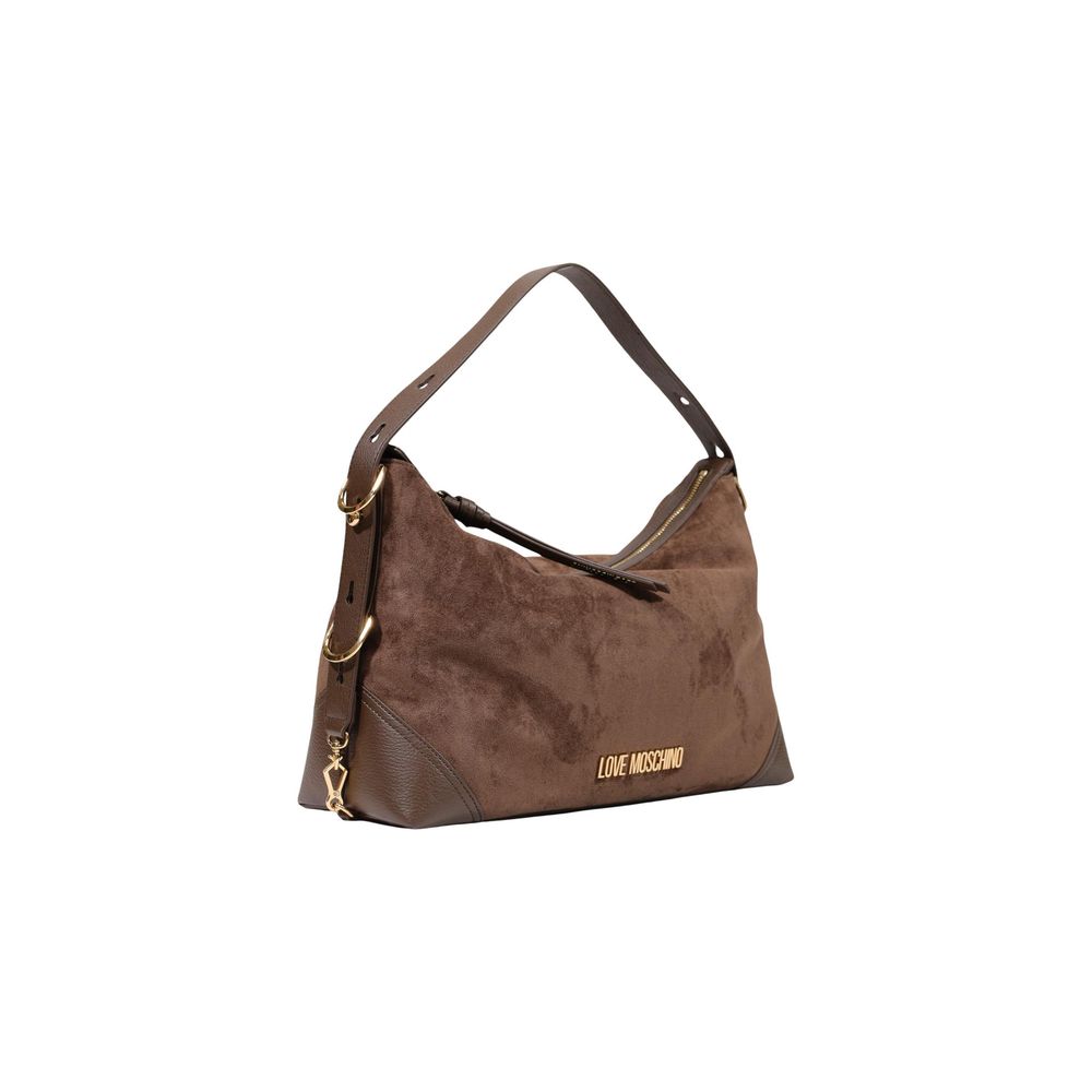 Large Handbag by Love Moschino for women in polyester leather brown & gold features a signature silhouette, showcasing a secure zipper and signature with versatile adjustable-strap & handle for a sophisticated look.