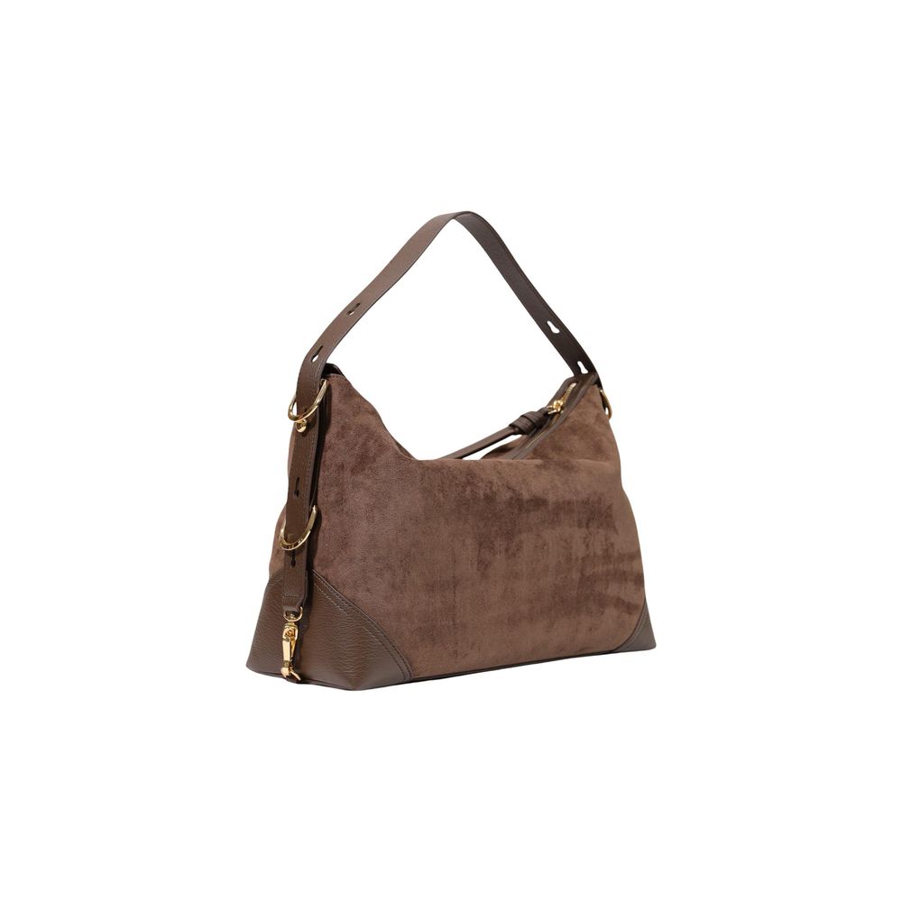This Large Handbag by Love Moschino for women in polyester leather and brown & gold presents a sculptural silhouette featuring a secure zipper, ample , and versatile adjustable-strap & handle for a sculptural finish.